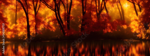 Autumn thanksgiving forest landscape with orange leaf trees river at fall season background 3D 8K