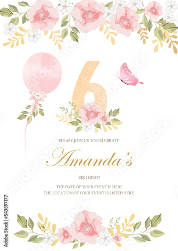 invitation card for the girl's  birthday party. Template for baby shower invitation. six years