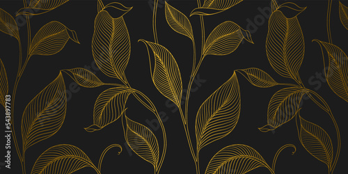 Luxury seamless pattern with striped leaves. Elegant floral background in minimalistic linear style. Trendy line art design element. Vector illustration.