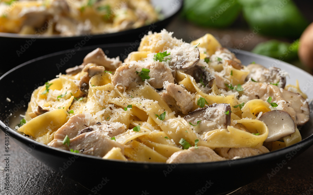 Creamy Alfredo pasta with chicken, mushrooms and parmesan cheese. Healthy Italian food Creamy Alfredo pasta with chicken, mushrooms and parmesan cheese. Healthy Italian food