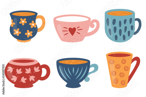 Set of tea or coffee cups with different ornaments. Ceramic crockery theme. Full and empty cartoon mugs. Vector illustration on white background. 