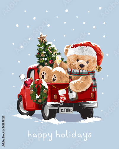 Fotografiet happy holidays greeting card with cute bear doll and Christmas tree on red truck