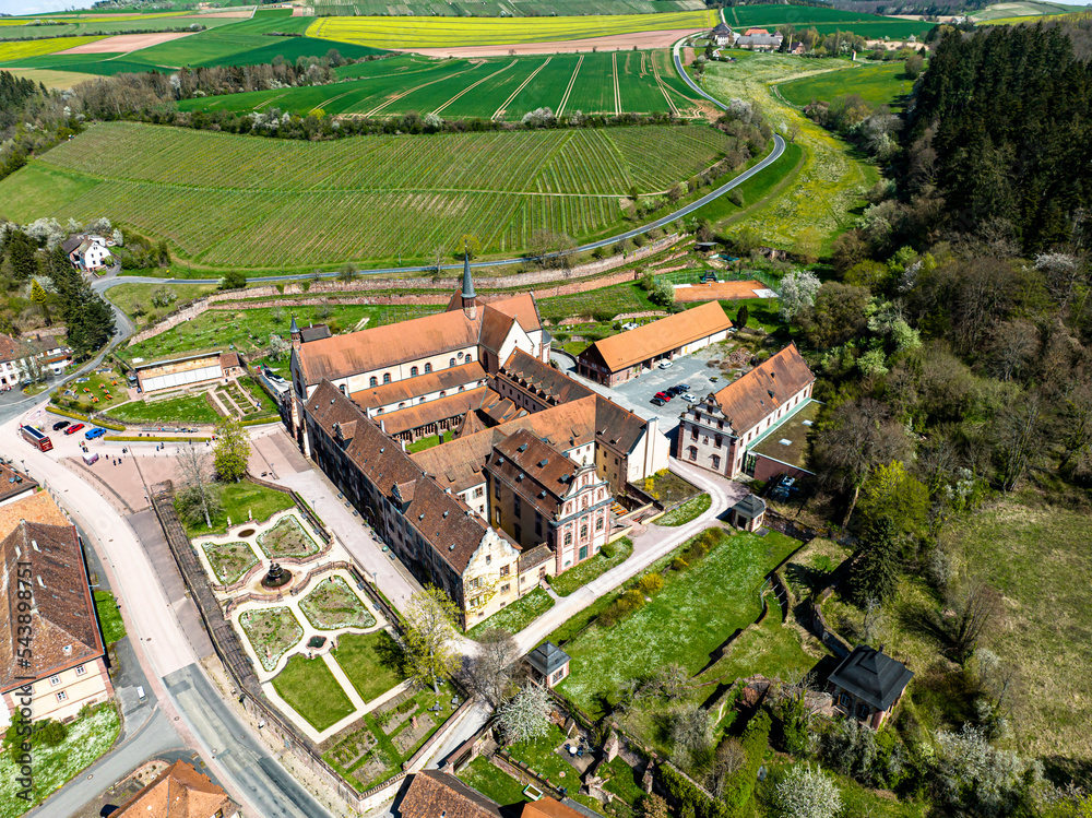 Aerial view of Bronnbach Monastery with castle gardens and church, Wertheim, Baden-Württemberg, Germany,