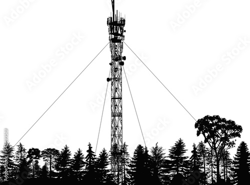 elecommunications high tower silhouette in pine forest isolated on white