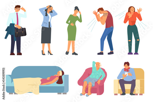 Set of Young or elderly men and women have illness.