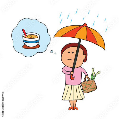 Kids drawing vector Illustration of a lady with an umbrella on a rainy day thinking about warm soup in a cartoon style.