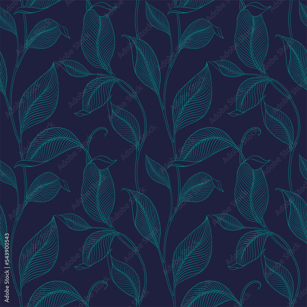 Fototapeta premium Luxury seamless pattern with striped leaves. Elegant floral background in minimalistic linear style. Trendy line art design element. Vector illustration.