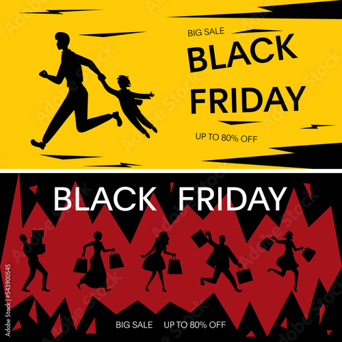 Set of Black friday sale banner with hurry shopper silhouette