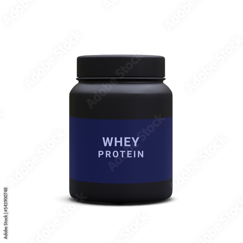 Whey protein in jar isolated on white background. Sports nutrition container icon. Protein powder for fitness. Sports nutrition for bodybuilders. Vector illustration