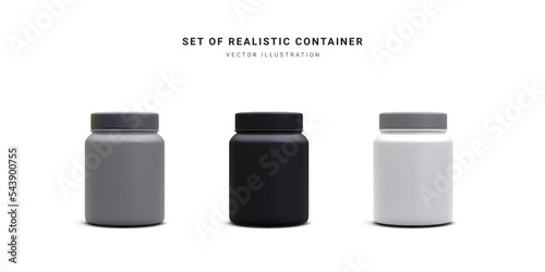 Set of 3d realistic jars nutrition for bodybuilders. Whey protein. Sports nutrition containers. Protein powder for fitness. Vector illustration.gainer