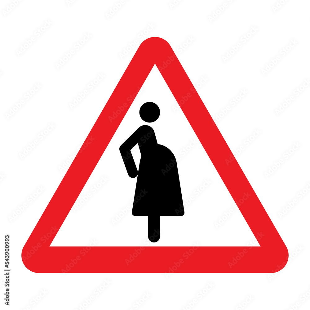 Pregnant women warning sign. Vector illustration of red triangle sign with standing pregnant female figure. Hazard symbol. Caution woman expecting baby. Pregnant women warning sign. Vector illustration of red triangle sign with standing pregnant female figure. Hazard symbol. Caution woman expecting baby.
