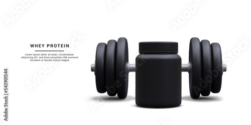 3d realistic banner for sports nutrition for bodybuilders. Whey protein. Sports nutrition container. Protein powder for fitness. Vector illustration