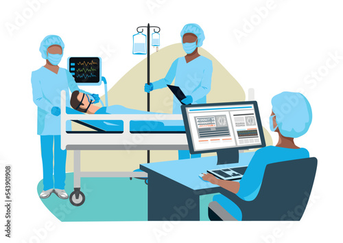 Doctor and nurses care for patients in the intensive care unit. Thank you nurses and doctors. Medical technology and life saving. vector illustration.