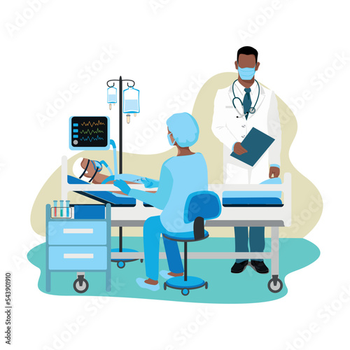 Doctor and nurses care for patients in the intensive care unit. Thank you nurses and doctors. Medical technology and life saving. vector illustration.