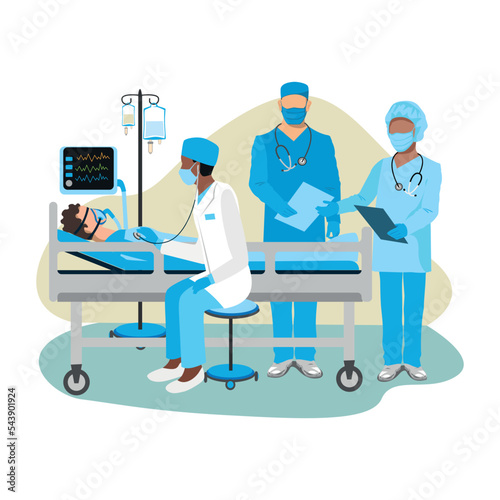 Doctor and nurses care for patients in the intensive care unit. Thank you nurses and doctors. Medical technology and life saving. vector illustration.
