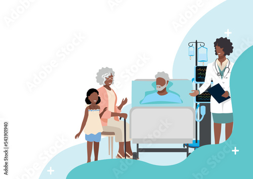 The family visits a happy elderly patient in the hospital and talks to the doctor. Patient and visitors and doctor. Vector illustration in a flat style.