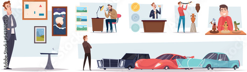 Collectibles. Coins figures stickers stamps and other elements for interesting hobby exact vector pictures set