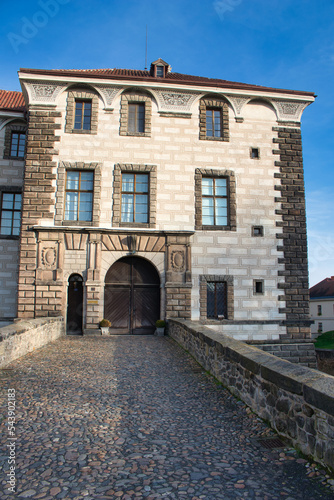 The Nelahozeves Chateau  finest Renaissance castle  Czech Republic. Main gate with bridge.