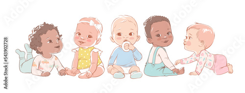 A group of multicultural cute little baby boys and baby girls in sitting on a white. Active baby of 3-12 months wearing baby clothes. First year baby development. Newborn crawling playing and smiling.