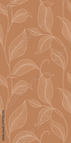 Luxury seamless pattern with striped leaves. Elegant floral background in minimalistic linear style. Trendy line art design element. Vector illustration.