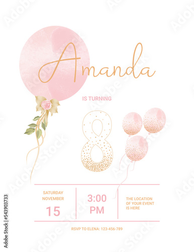 invitation card for the girl's first birthday party. Template for baby shower invitation. eight years	