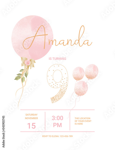 invitation card for the girl's  birthday party. Template for baby shower invitation. nine years	