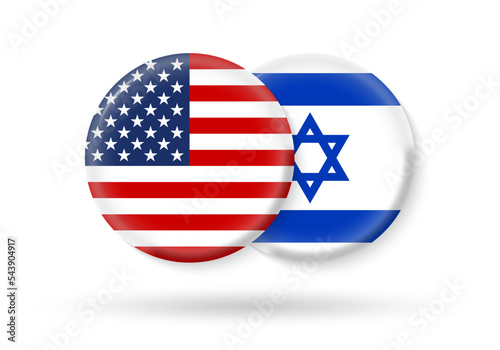USA and Israel circle flags. 3d icon. Round Israeli and American national symbols. Vector illustration.
