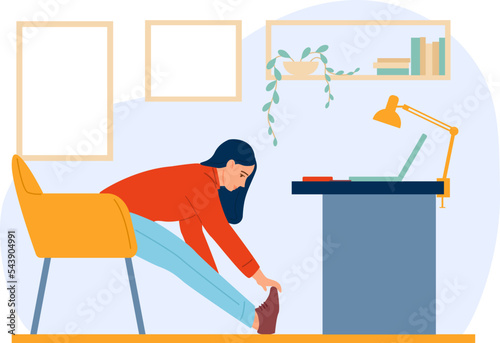Woman stretching on workplace. Working person workout icon