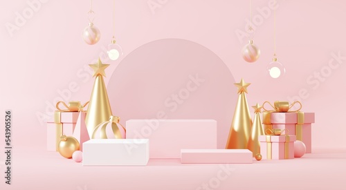 3d Abstract podium stage platform with minimal Christmas and New year event background. Merry Christmas scene for product display or mock up banner. Empty stand pedestal decor in Xmas winter scene.