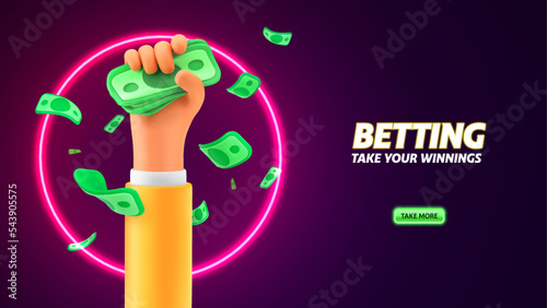 Jackpot winning celebration. Lottery winner vector illustration. Sport betting neon lights banner. Human hand catch stack of bills. Falling money and cartoon arm on dark background.