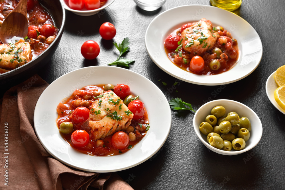 Cod stew with chickpeas, cherry tomatoes and olives Cod stew with chickpeas, cherry tomatoes and olives