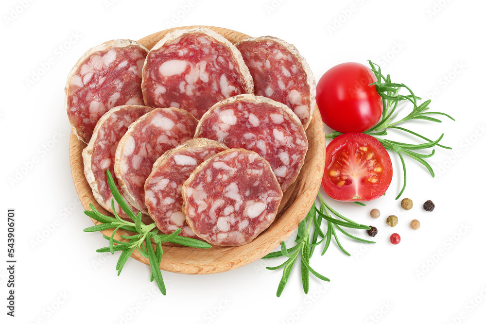 Cured salami sausage in wooden bowl isolated on white background. Italian cuisine with full depth of field. Top view. Flat lay.