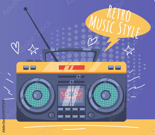 Retro music technology radio record tape player stereo audio speaker concept set. Vector graphic design element illustration
