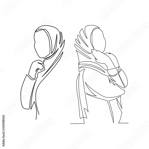 Vector illustration of a portrait of women in hijab drawn in line-art style