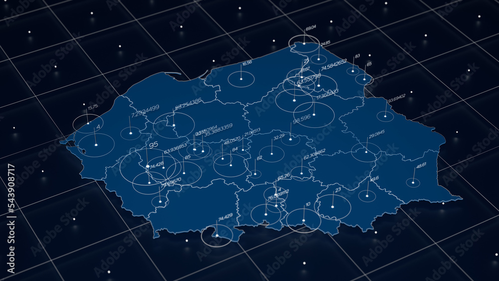 Naklejka premium Polska niebieska mapa wizualizacja big data. Futurystyczna infografika mapy. Estetyka informacji. Wizualna złożoność danych. Złożona wizualizacja graficzna danych Polski. Ilustracja renderowania 3D