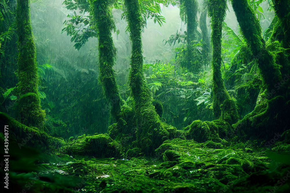 Green forest in the morning with Fog
