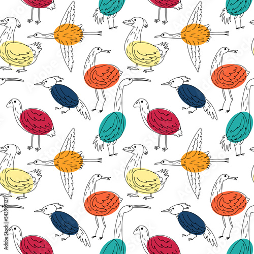 Cute birds seamless pattern. Collection of doodle hand drawn birds. Cute background for textile print, wrapping paper. Vector illustration.