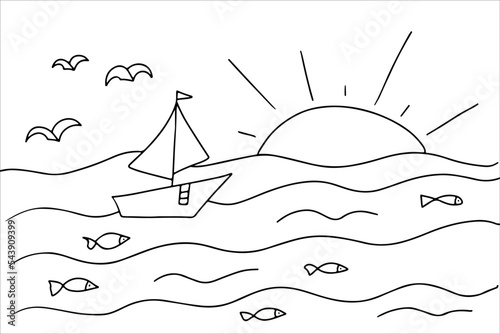 Coloring page for children. Seascape with sun, clouds, sea, birds and ship. Vector hand drawn illustration in doodle style. Activity book for kids