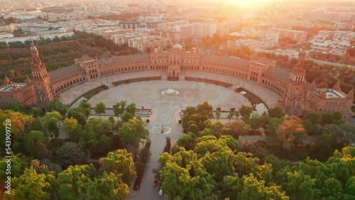 Flying over the Plaza de Espana at sunrise in Seville, Spain