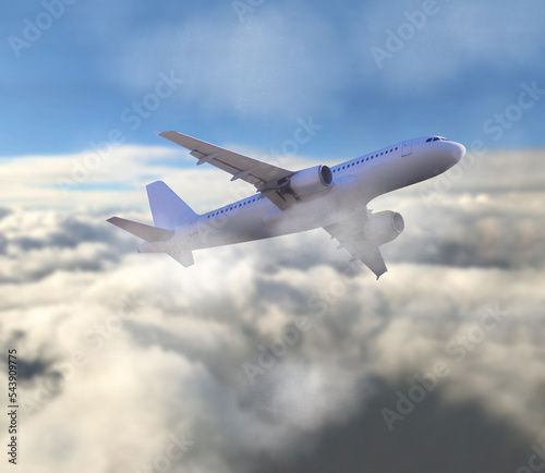 Passenger airplane in flight. Aircraft flies in the blue sky above the clouds.