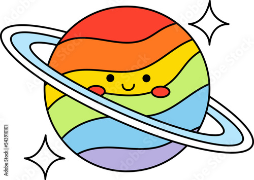 Cute rainbow planet doodle icon.