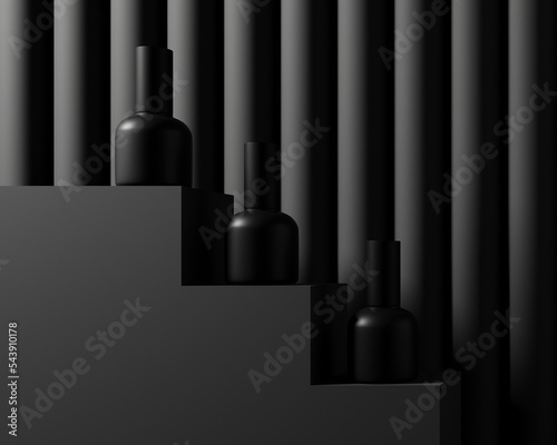 3d realistic mockup parfume bottle with black theme and black glass and dark background and podium set