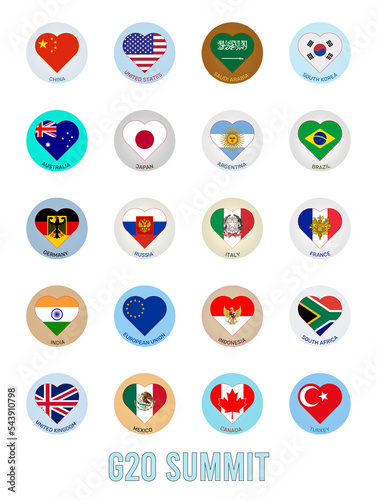 Illustration of the flags of the G-20 countries in the form of a logo with hearts. G20, top twenty economies of the world. Financial and economic international forum. 