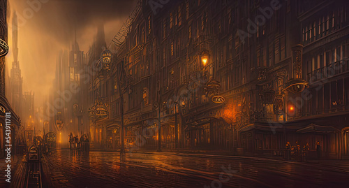 illustration of a steampunk cityscape, illuminated buildings, misty, digital art