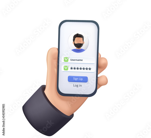 People register online 3D render. Login, bank access, app safety. Registration or sign up user interface. Users use secure login and password. Data protection. Vector illustration for UI, app