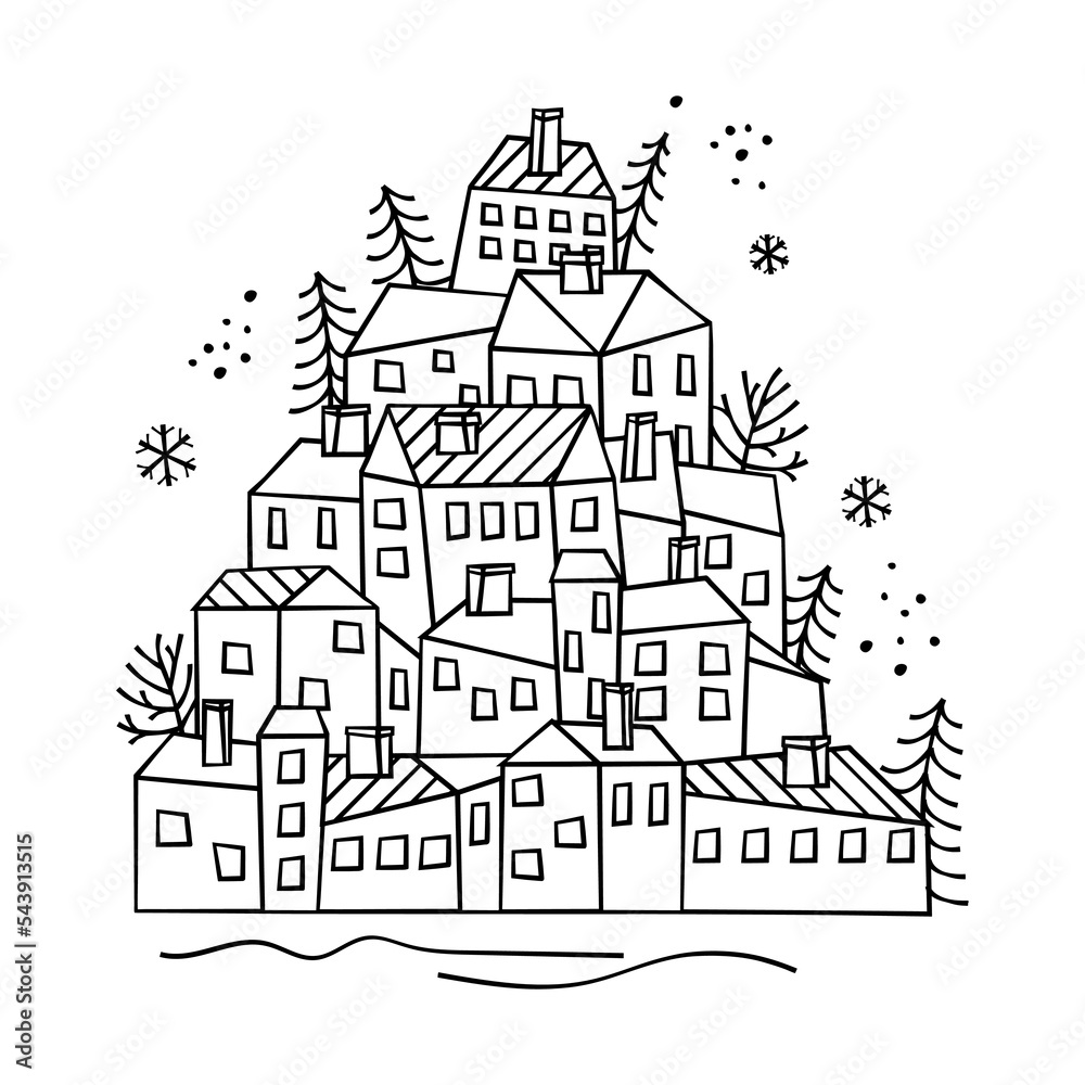 Stylized houses drawn with black line on white background.Snowflakes,trees and free hand dots.Buildings with roofs, chimneys and windows and located on a hill.Graphic vector isolated illustration.