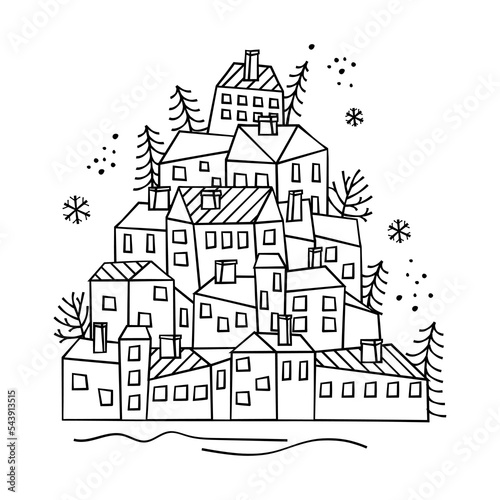Stylized houses drawn with black line on white background.Snowflakes,trees and free hand dots.Buildings with roofs, chimneys and windows and located on a hill.Graphic vector isolated illustration.