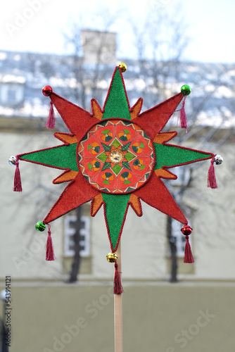 Handmade Christmas star for the nativity scene - a traditional attribute of the Christmas rite of caroling photo