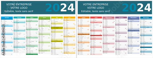 Calendrier 2024 12 mois au format 320 x 420 mm recto verso entièrement modifiable via calques et texte sans serif	