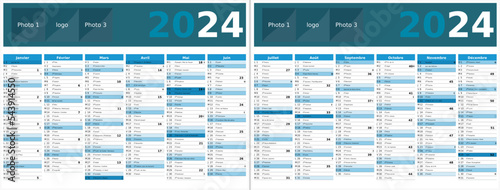 Calendrier 2024 12 mois au format 320 x 420 mm recto verso entièrement modifiable via calques et texte sans serif